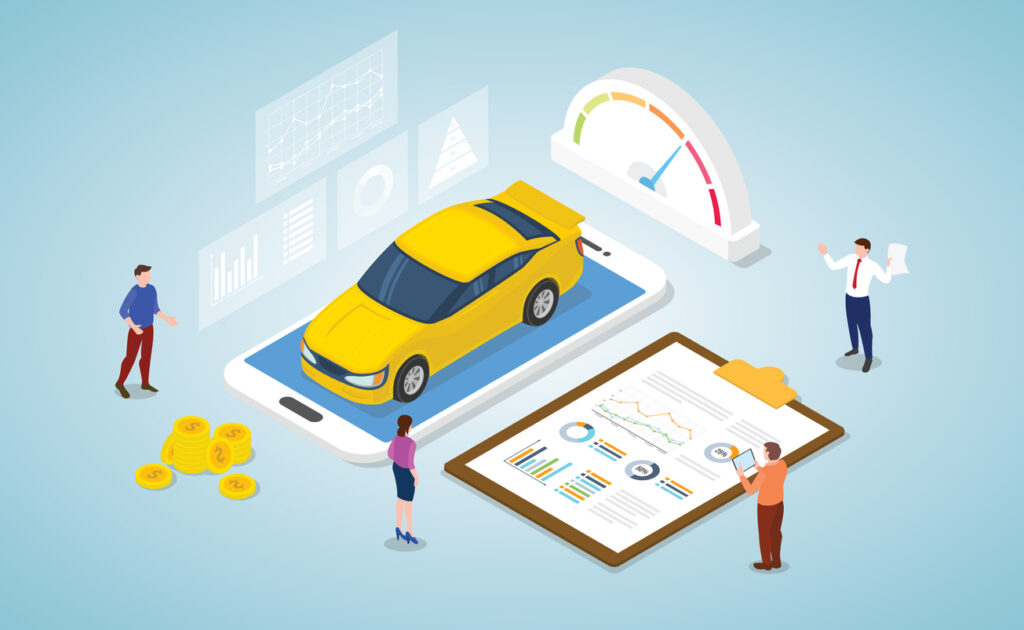 ilustração com equipe de vendas ao redor de carro esportivo amarelo analisando informações com gráficos ao redor e uma prancheta com checklist e detalhes contra fundo azul claro